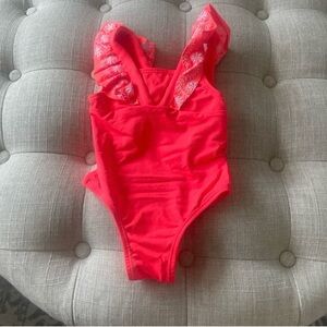 Habitual Girls Neon Coral One-Piece Swimsuit with Embroidered Ruffle Straps